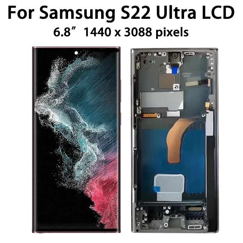 슈퍼 AMOLED 스몰 사이즈 LCD 디스플레이 디지털 터치 스크린, 프레임 부품 포함, 삼성 S22 울트라 5G S908B S908E S908U S908N