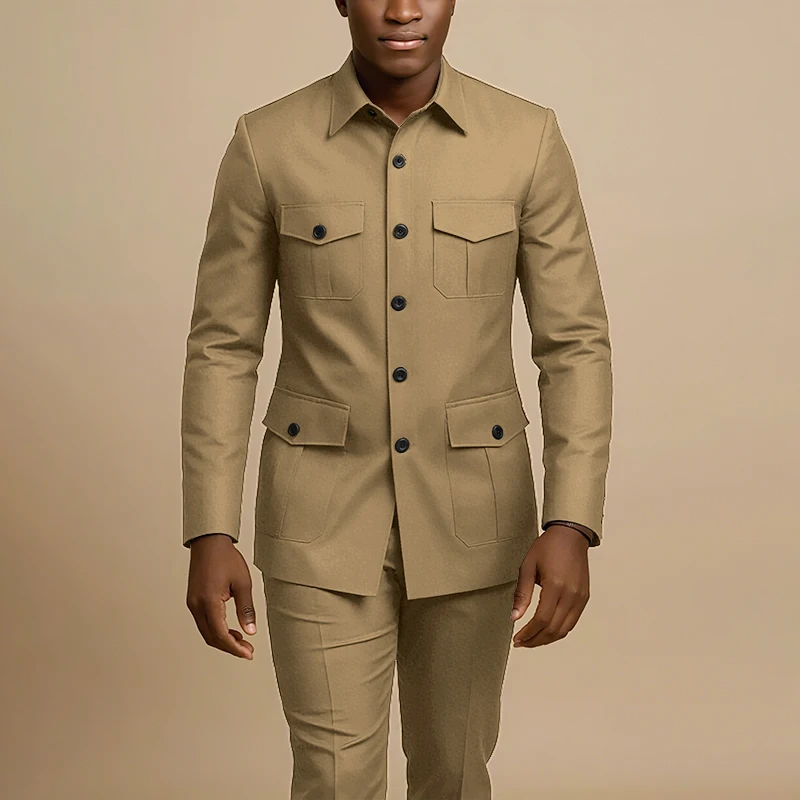 

Brown Four Pocket Single Breasted Men Suit Peaked Lapel Business Casual Formal Costume Homme Slim Fit 2 Pcs Set Jacket Pants
