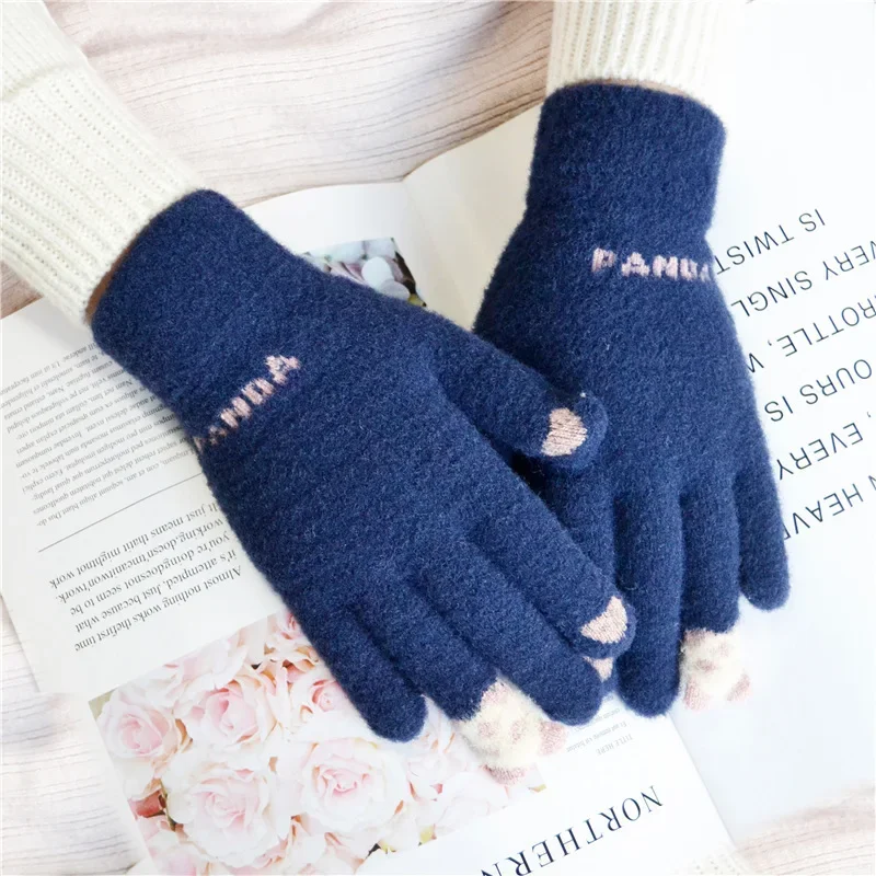 المرأة سبليت فنجر قفازات محبوك قفازات الكرتون أفخم مكافحة الباردة شاشة تعمل باللمس الأحمر الباندا نمط قفازات دافئة نمط جديد
