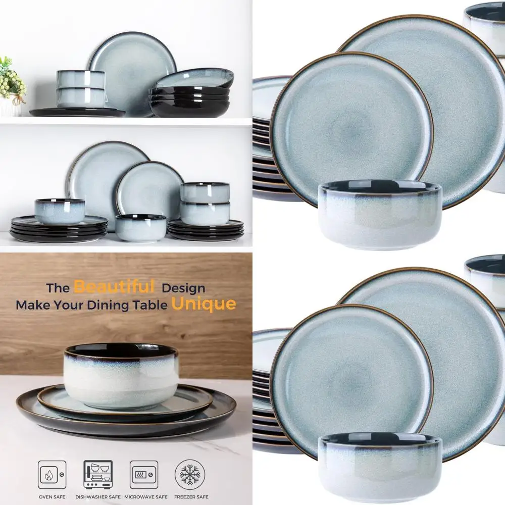 

6-Piece Porcelain Dinnerware Set with Reactive Glaze, Gray White, Oven, Dishwasher, and Microwave Safe (18PCS)