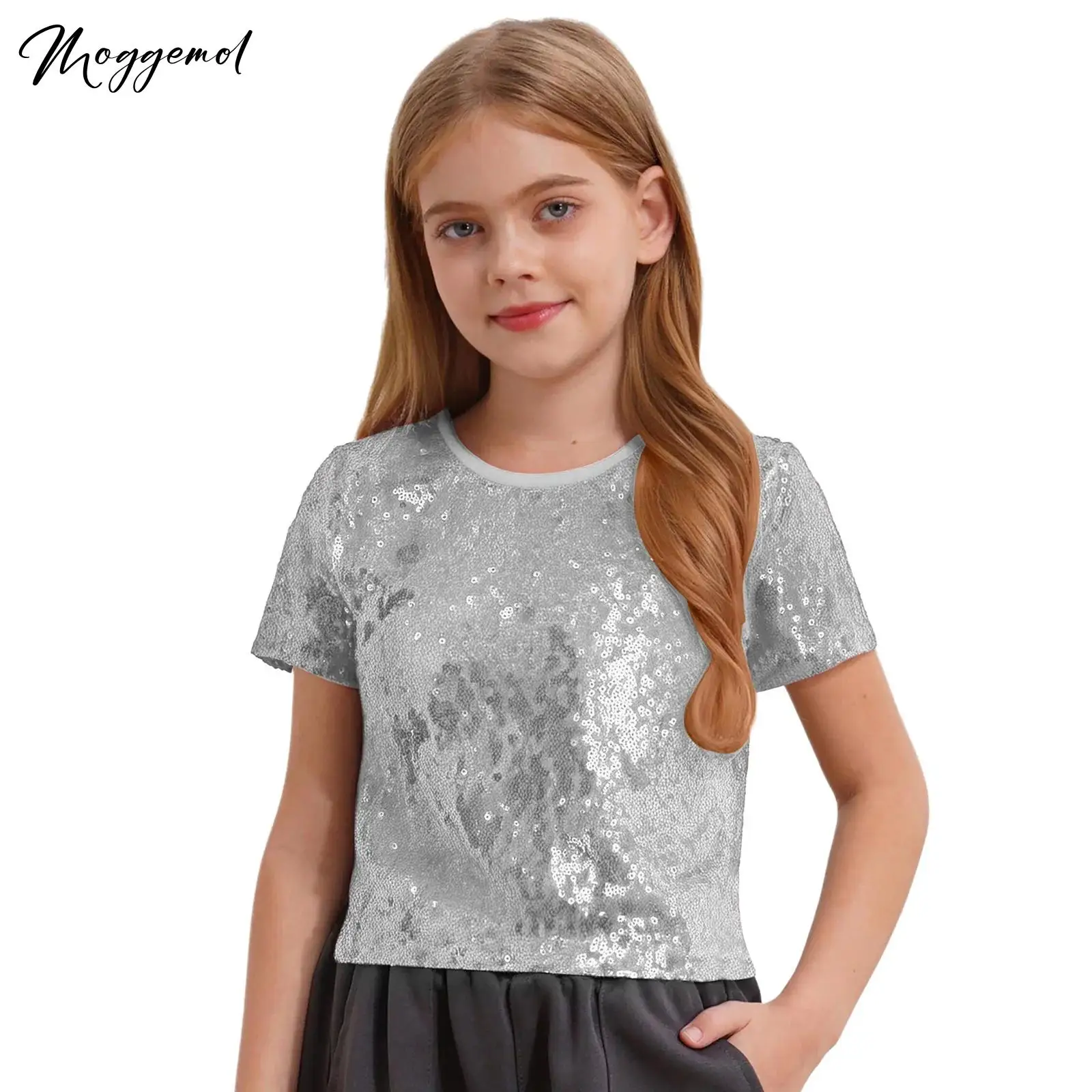 Mädchen Jazz T-Shirt Tanz Tops Rundhals Kurzarm Glänzende Pailletten Crop Top für Hip-Hop Street Cheerleading Bühnenauftritt
