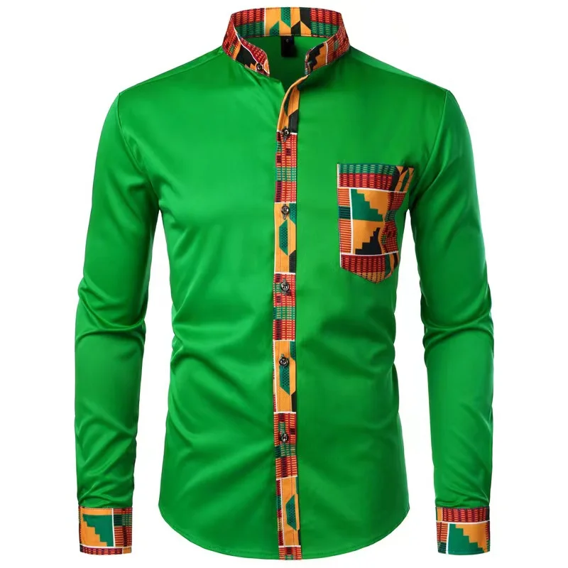 2024 African casual men\'s shirt stand collar digital printing long sleeve floral shirt men\'s cardigan top