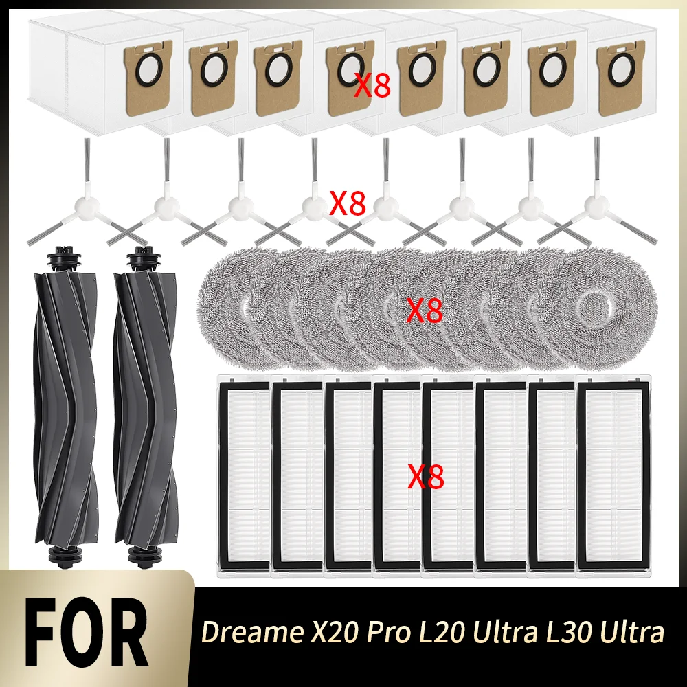 Perfect Fit Replacement Parts Kit For Dreame X20 Pro L20 Ultra L30 Ultra Robot Vacuum HEPA Filters Dust Bags Brushes Mop Cloths
