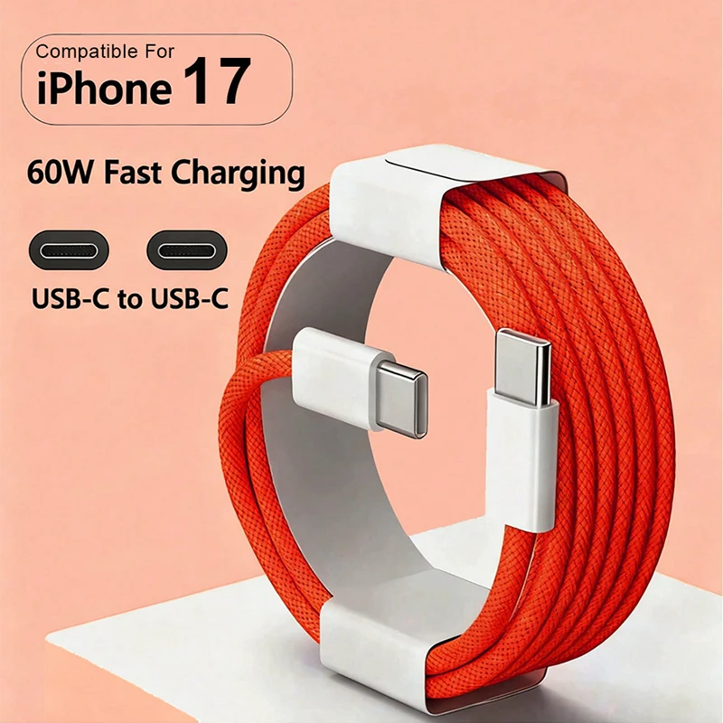 60W Fast Charging USB C to Type C Phone Cable Braided Type-C Data Line for iPhone 15 16 17 Pro Max Plus - Durable Charging Cord