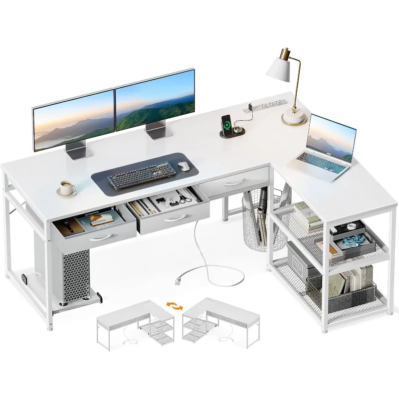 

61 Inch L Shaped Computer Desk with Drawers, Corner Desk with Power Outlets & Reversible Storage Shelves, Movable CPU Stand