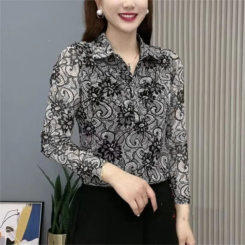 Clothes for Women Stylish Flower Mesh Lace Button Up Shirts Office Lady Elegant Long Sleeve Blouse Vintage Casual Slim Fit Tops