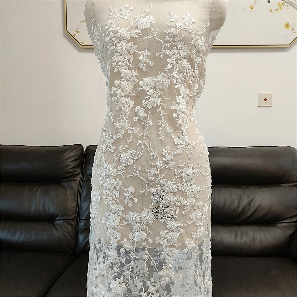 New Handcrafted Bridal Gown Material Heavy Beading Pearl Western Mermaid Wedding Dress with Embroidered Lace Fabric