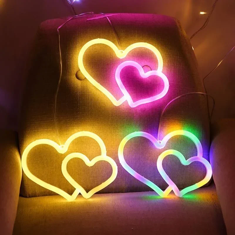 Colorful Neon Double Heart Light Neon Signs for Wall Decor Atmosphere LED for Kids Room Valentine\'s Day Party Confession Wedding