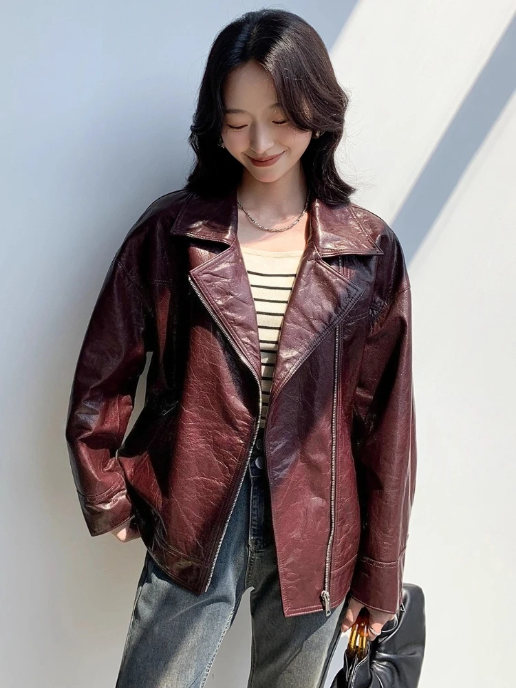 Vestes de moto décontractées en cuir véritable pour femmes, manteau haut de gamme, Simple, ample, cire d'huile douce, en peau de chèvre véritable, printemps automne