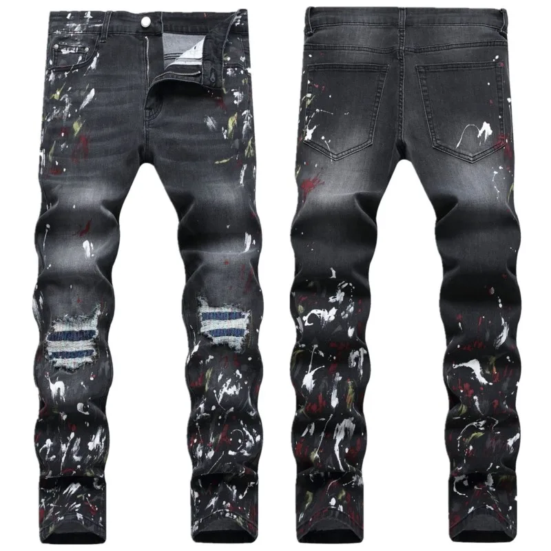 

Trend High Quality Ripped Jeans Men Paint Printed Hole Patch Trend Brand Motorcycle Denim Pants Mens Black Elastic Skinny Jeans