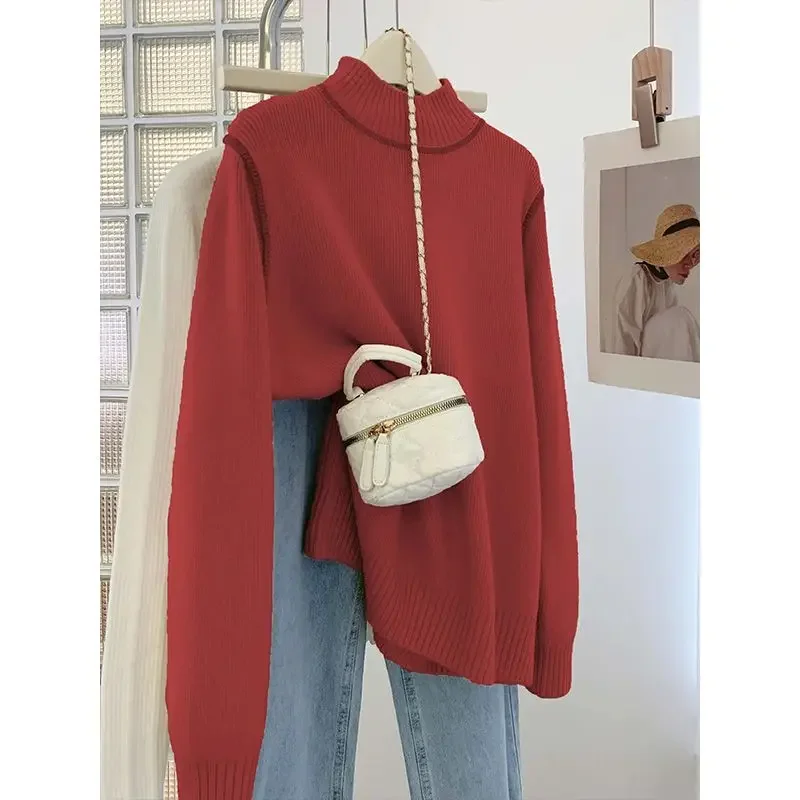 

Chrias Red Half Turtleneck Inner Bottom Shirt for Women's Winter Thickened Turtleneck Knitted Sweater JJ2