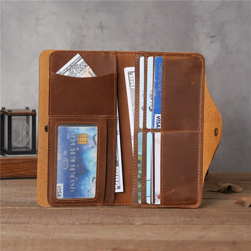 1132 Men's Leather Bifold Wallet Long Top Layer Cowhide Wallet with Multiple Card Slots and Button Pockets