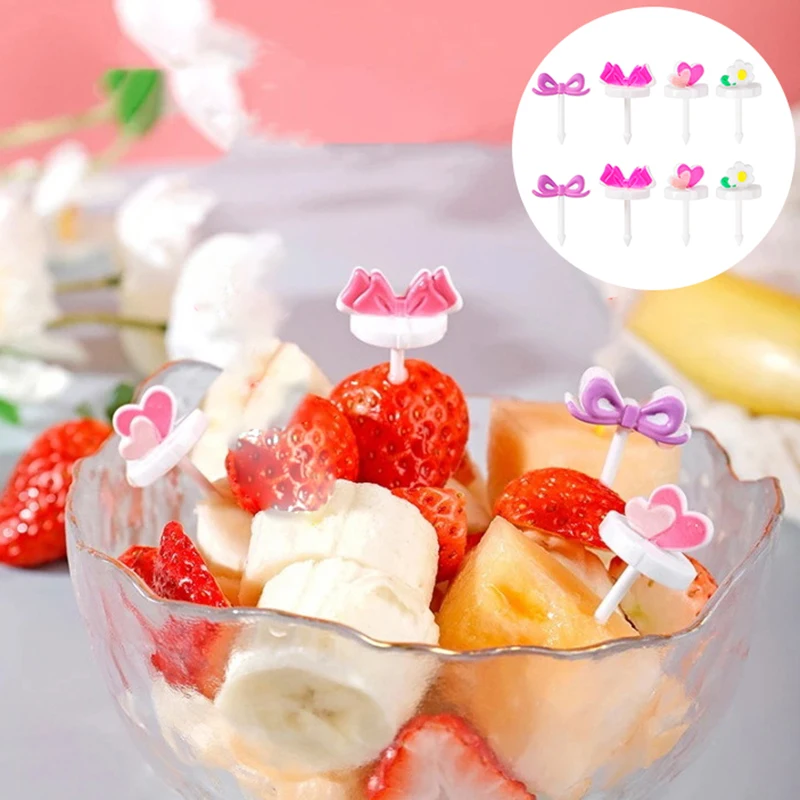 Cartoon Flowers Fruit Forks Love Heart Bow Mini Cupcake Dessert Stick Children Food Picks Toothpick DIY Kids Bento Box Decor