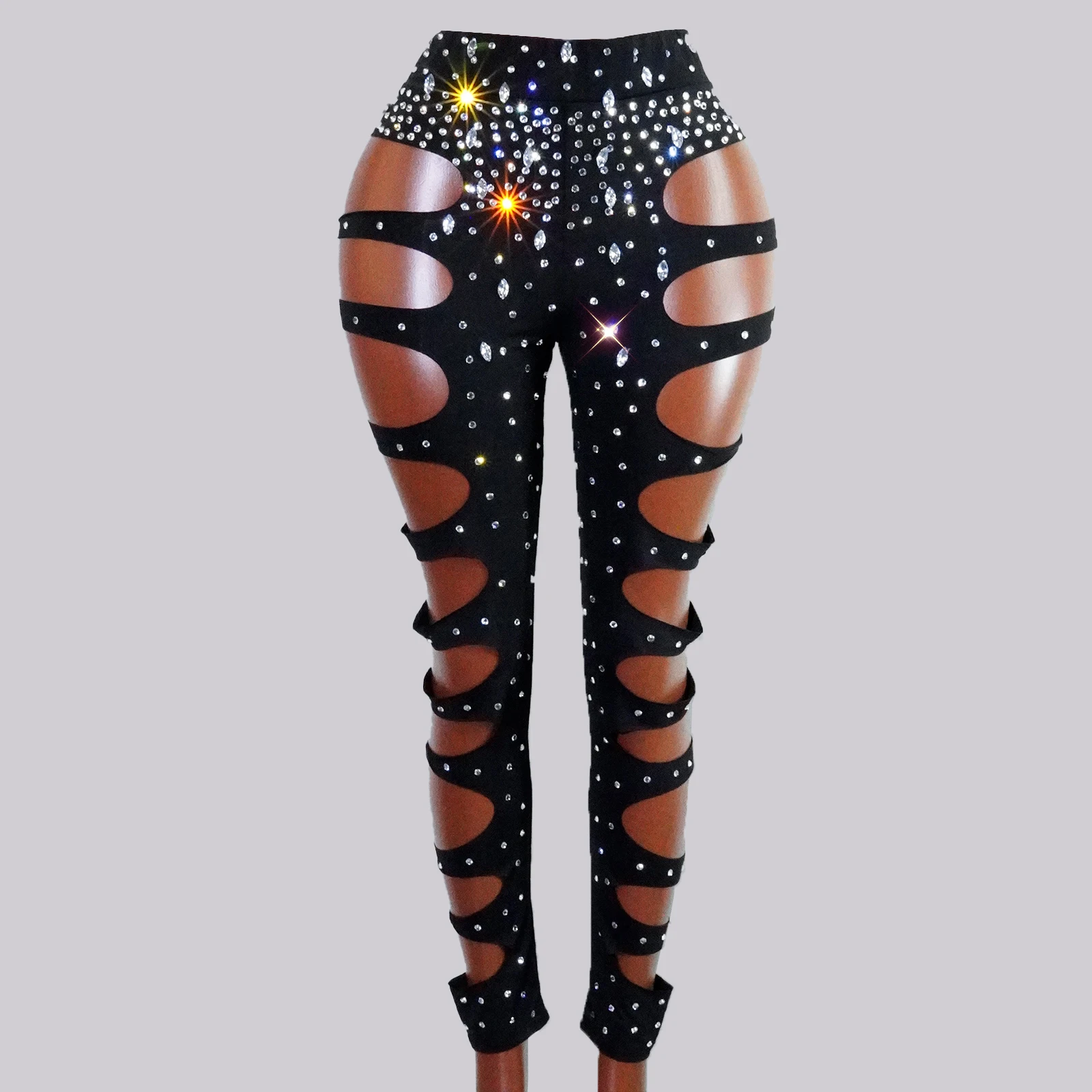 

Sparkle Rhinestones Black Hollow Sexy Top And Pants Stage Outfit Gogo Dance Costume Drag Queen Performace Festival Club Showgirl