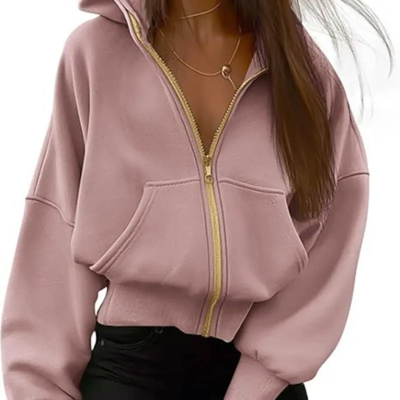 Autumn Winter New Women's Zipper Hooded Long Sleeved Short Sportswear Wool Hooded Jacket Fashionable Pocket Coat Vestes Femmes