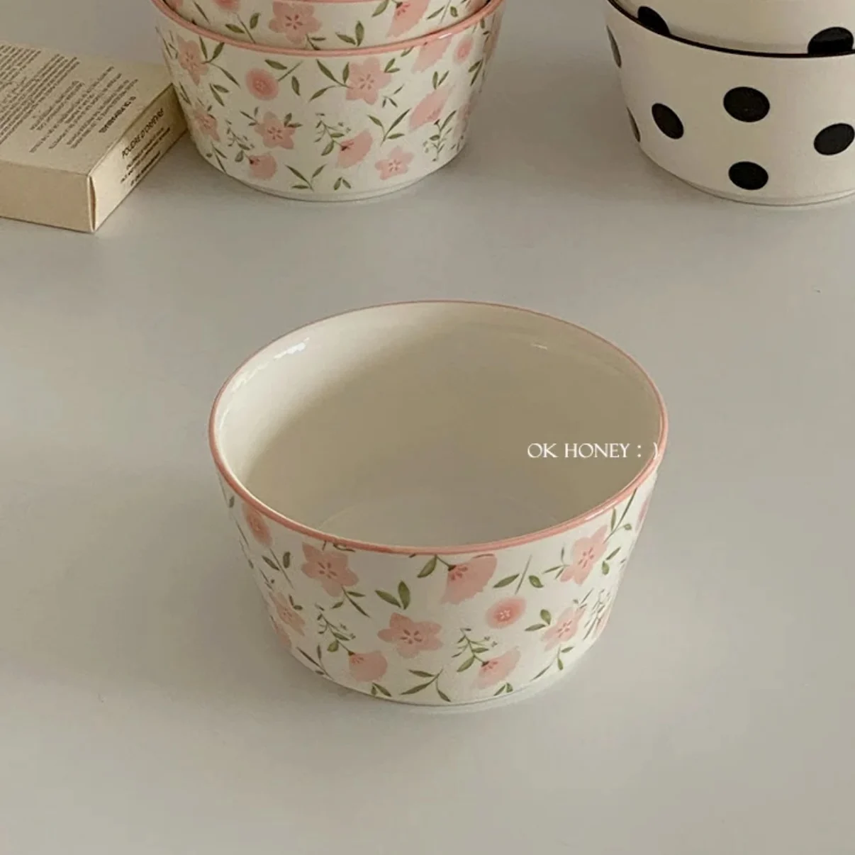 Pink floral ceramic rice bowl INSTAGRAM Korean 4.5-inch bowl Breakfast yogurt oatmeal bowl