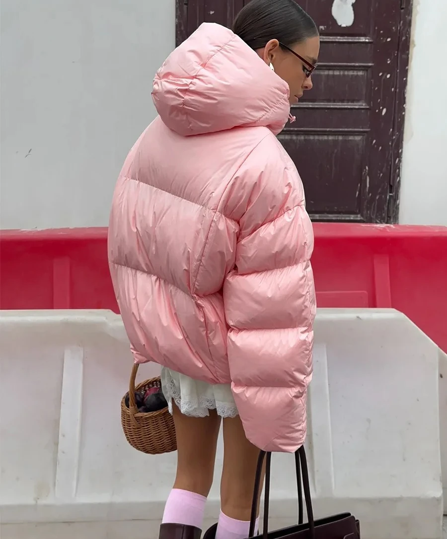 เสื้อแจ็คเก็ตผ้าฝ้ายบุหนาแบบมีฮู้ดสำหรับผู้หญิง เสื้อโค้ททรงขนมปัง อุ่นสบายสำหรับใส่เป็นเสื้อนอก