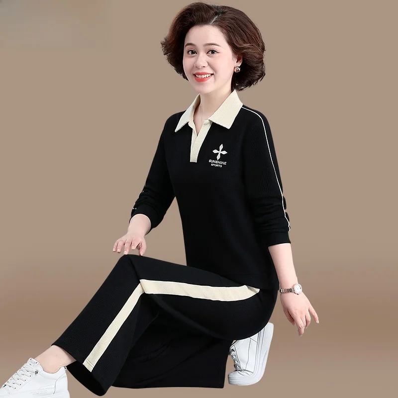 

Faionable Two-Piece Set Mommy Clothes Spring Sle Wide Leg Pants Sportswear for Women Aged 40-49 Cotton Polyester Blend