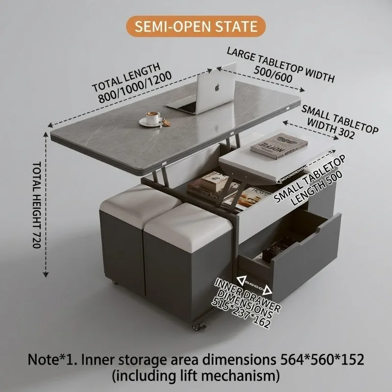 Modern Scandinavian-style Coffee Table with Casters, Featuring a Height-adjustable Stone Slab Top and Storage Compartments