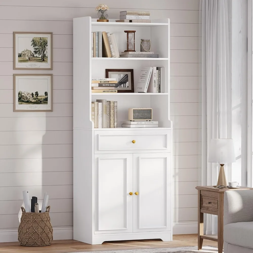 أرفف كتب وخزانة كتب بأبواب وأدراج وأرفف، رف كتب طويل 73 بوصة مع مساحة تخزين، كتب قائمة على الأرض مكونة من 7 طبقات