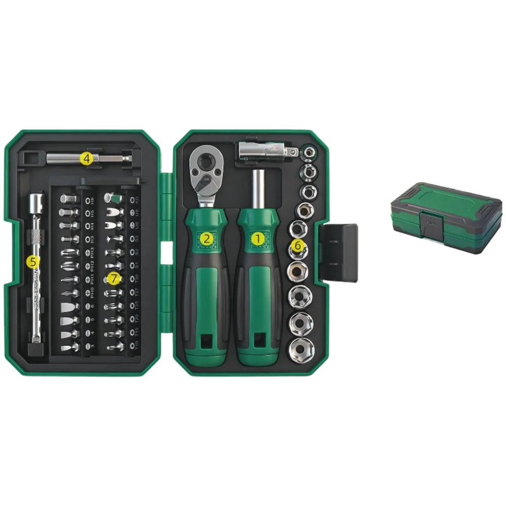 45 Piece Chrome Vanadium Ratchet Bit Set with 1/4 Inch Socket Wrench for Furniture Assembly and Appliance Repair