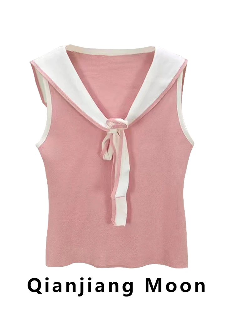 

Summer Navy Collar Strapl Knitted ort Top Women's Vest Belt Design Innovative Splicing Sle Commute Faion