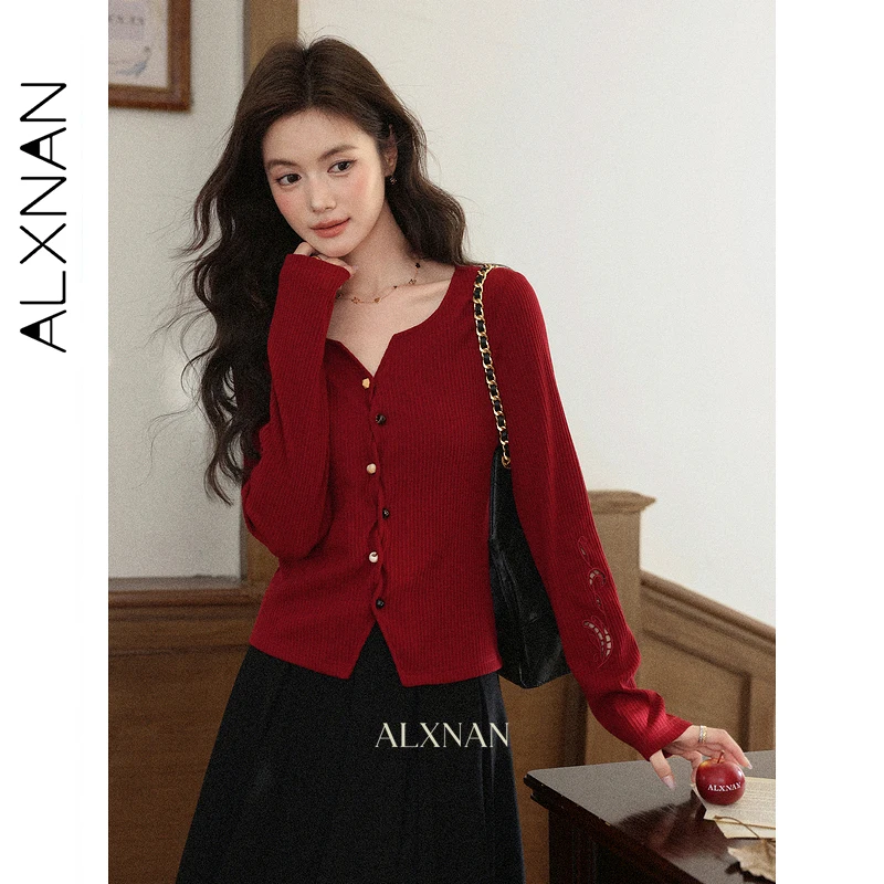 

ALXNAN женские топы с длинными рукавами, вязаные кардиганы на пуговицах спереди с v-образным вырезом и выдолбленным узором, модная женская одежда L57675