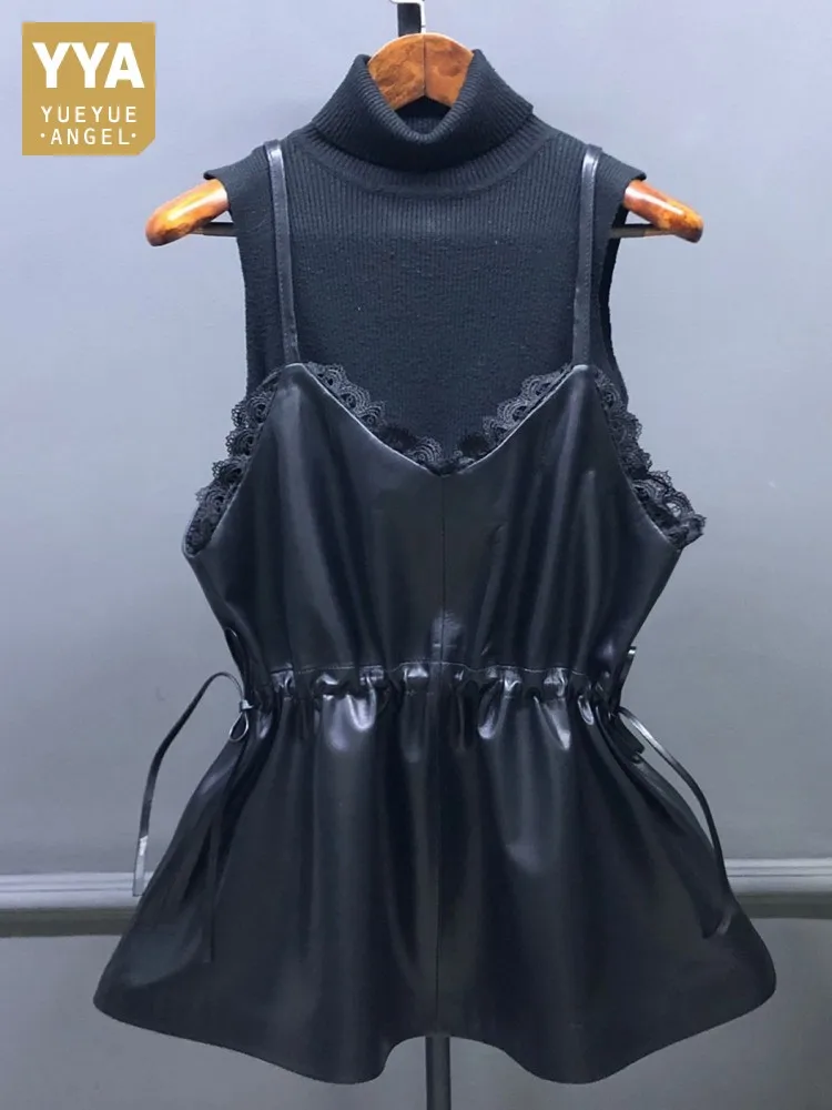 

Женский модный жилет из натуральной овечьей кожи с V-образным вырезом, на молнии, с кружевной отделкой, свободного кроя, однотонный, без рукавов, с завязками, верхняя одежда