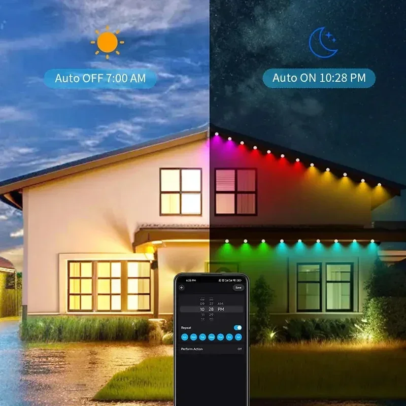 สมาร์ท WIFI RGBIC ชายคาไฟถาวรไฟ LED กลางแจ้ง App ควบคุมเสียงระยะไกล DIY Music Sync Timer กันน้ํา Party Decor