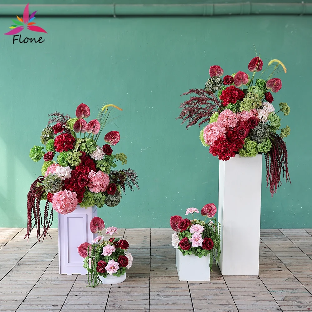 

Red & Green Artificial Floor Flower Arrangements - for Wedding Party DIY Decoration, with Hydrangea Anthurium Flowers FL2952