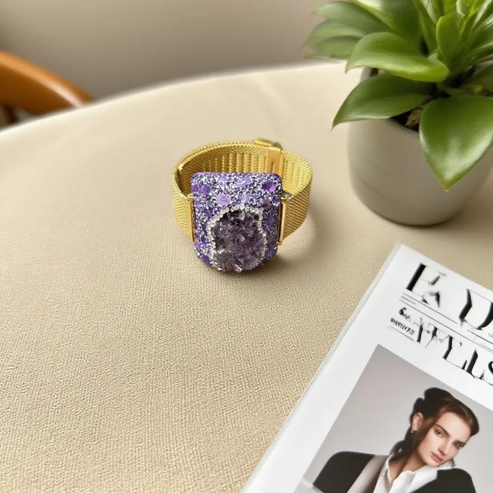 

Chakra Balancing Raw Crystal Cuff – Uruguayan Amethyst Inlaid Design for Solar Plexus Activation & Attracting Confidence