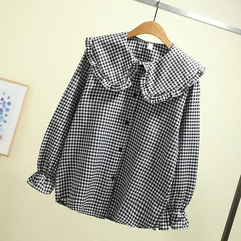 Blouse Women Shirt 2021 Spring Autumn Lattice Women\'s Long-Sleeved Loose Top Blusas Mujer De Moda