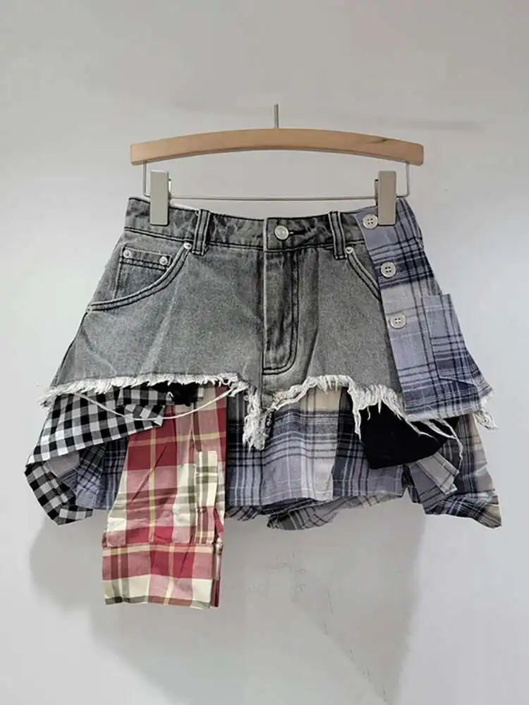 DEAT Women's Denim Skirt Colored Plaid Patchwork Irregular