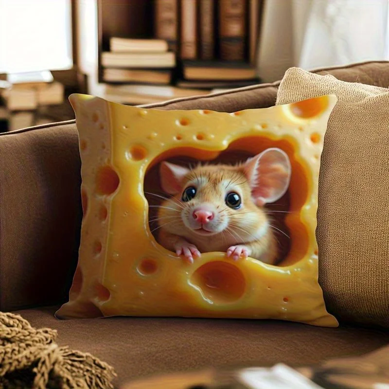 1pc Mouse in Cheese Hole Themed Printed Throw Pillow Cover, Suitable for Sofa,Bedroom,Living Room, a Fun Gift for Animal Lovers.