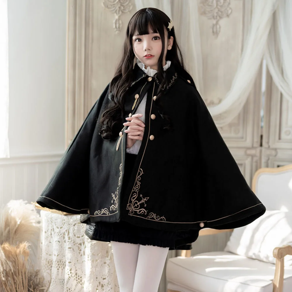 Imagem -03 - Japonês Harajuku Kawaii Menina Outono Inverno Escuro Lolita Manto Batwing Manga Gothic Lolita Cabolsa Retro Vitoriano Loli Poncho