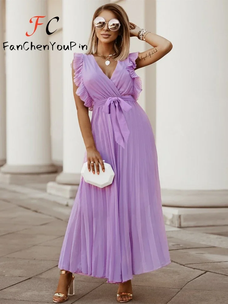 

Summer Women's Dress Fashion Slim Fit Sexy Ruffles Sleeve Chiffon Pleated Long Skirt Sexy Solid Color Belt A-Line Party Dresses