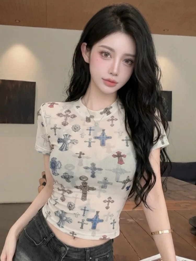 

Summer New Fashion Cross Print Apricot Short Sleeve T-Shirt Women's Slim Fit Short Top Korean Style Knitted Citywalk Wear