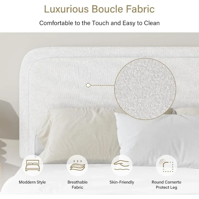 Queen Bed Frame, Boucle Upholstered Platform Bed Frame with Headboard, Modern Style, Soft Rounded Corners, Easy Assembly