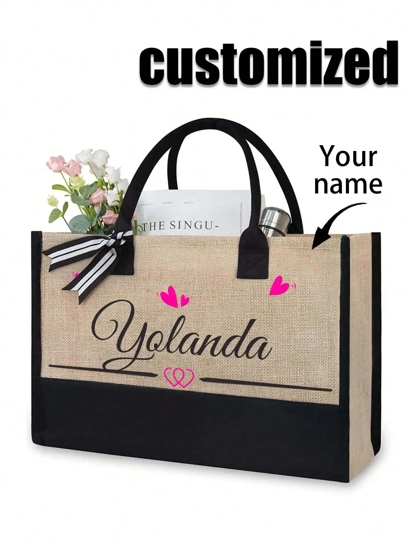 

Customized Jute Tote Bag with Name Print - Large Capacity, Black Trim, Heart Decor