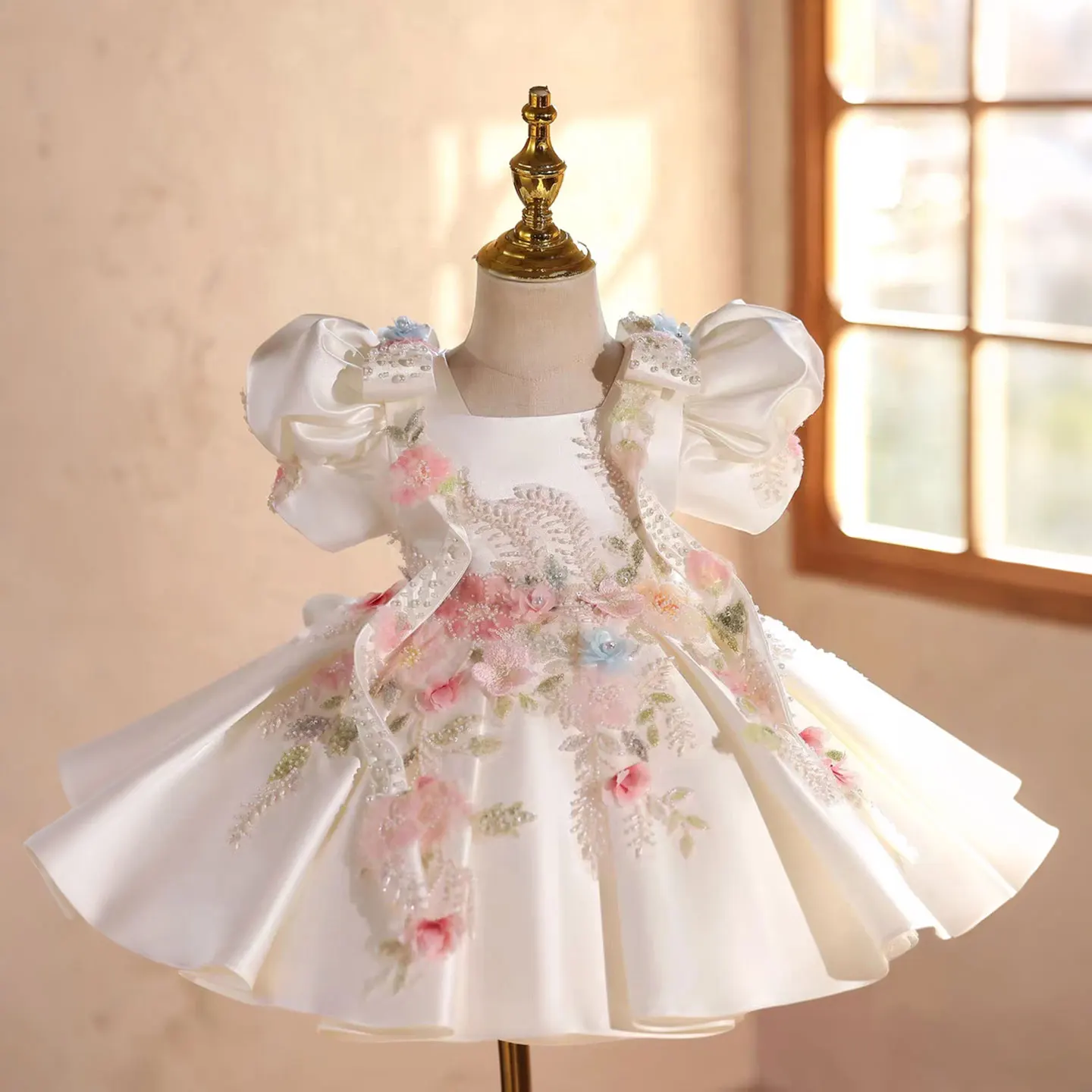Jill Wish J840 Luxury White Girl Dress Beading Flowers Satin Knee Length for Children Wedding Birthday Party Pageant Ball Gown