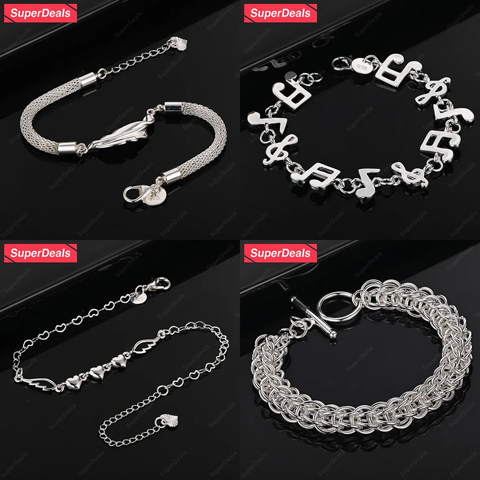 

SuperDeals 925 Sterling Silver Heart Musical Note Feather Multi Circle Chain Bracelet Women Wedding Party Fashion Trend Jewelry
