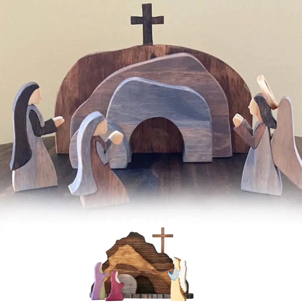 Wooden Empty Tomb Easter Scene Decoration Reusable Portable Cross Jesus Tomb Tray Set Easy To Install Jesus Nativity Scene Decor