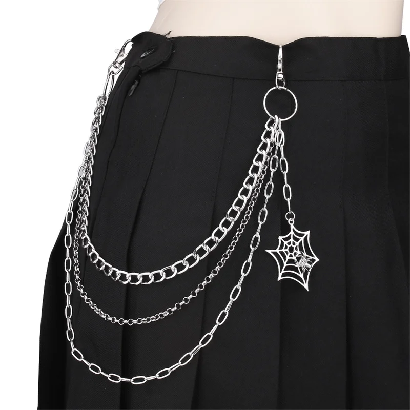 Halloween Gifts keychain Punk Black Silver Metal Pants Chain Hip Hop Spider Web Pendant Jeans Chain for Men Women Accessories