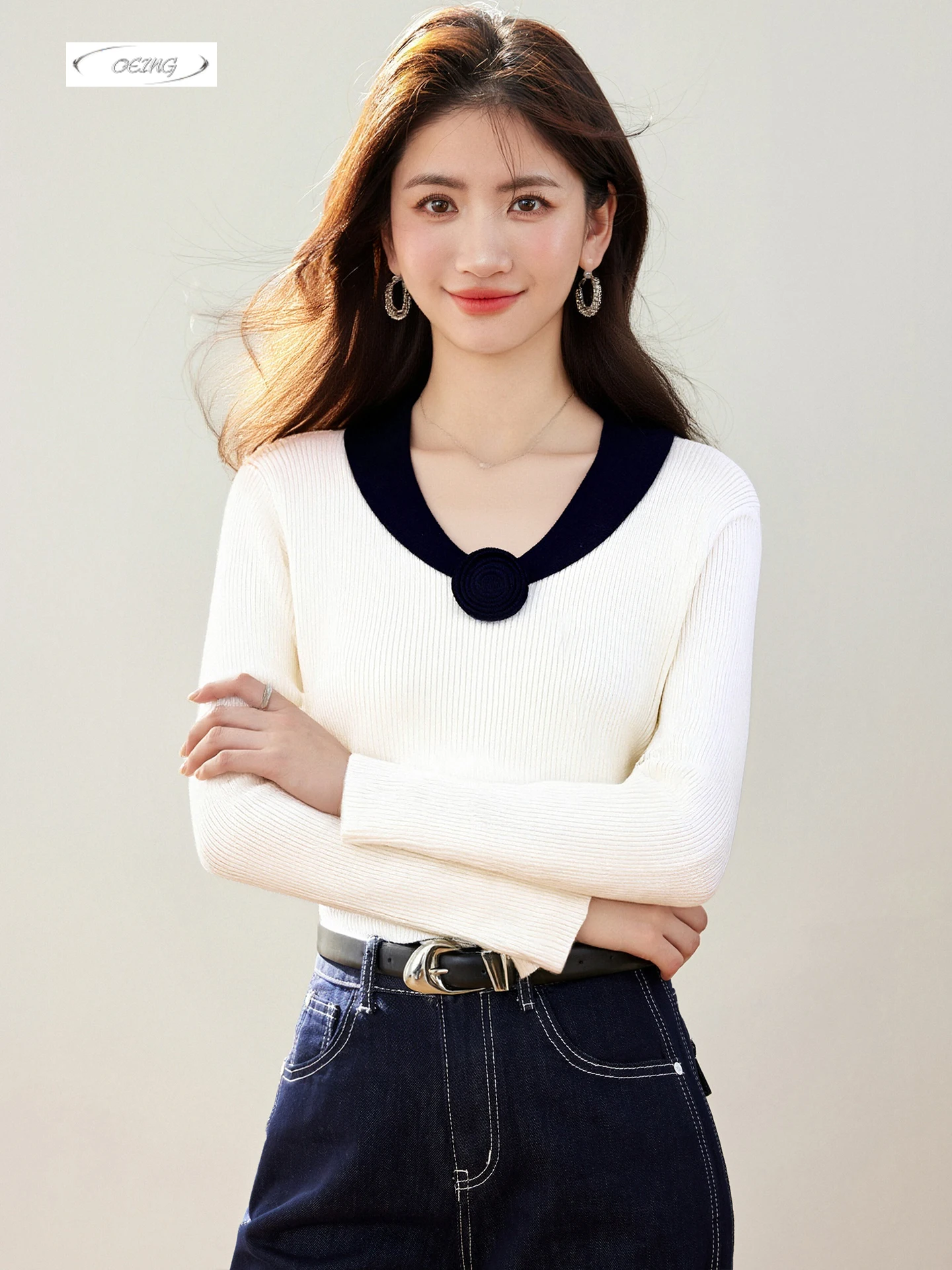 

Women Chic Slim Spliced V-neck Long Sleeve Pullover Sweater Knitted Shirt Autumn Winter Elegant Bottoming Tops Knitwear 9746
