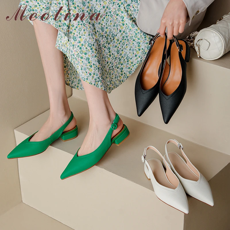 Meotina Women Genuine Leather Slingbacks Pointed Toe Flats Buckle Ladies Fashion Casual Shoes Spring Summer Green Beige