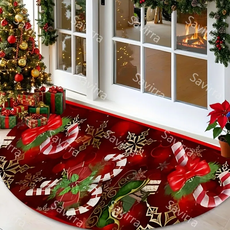 Red Velvet Ribbon Bowknot Semi Circle Doormat Christmas Candy Cane Welcome Mat