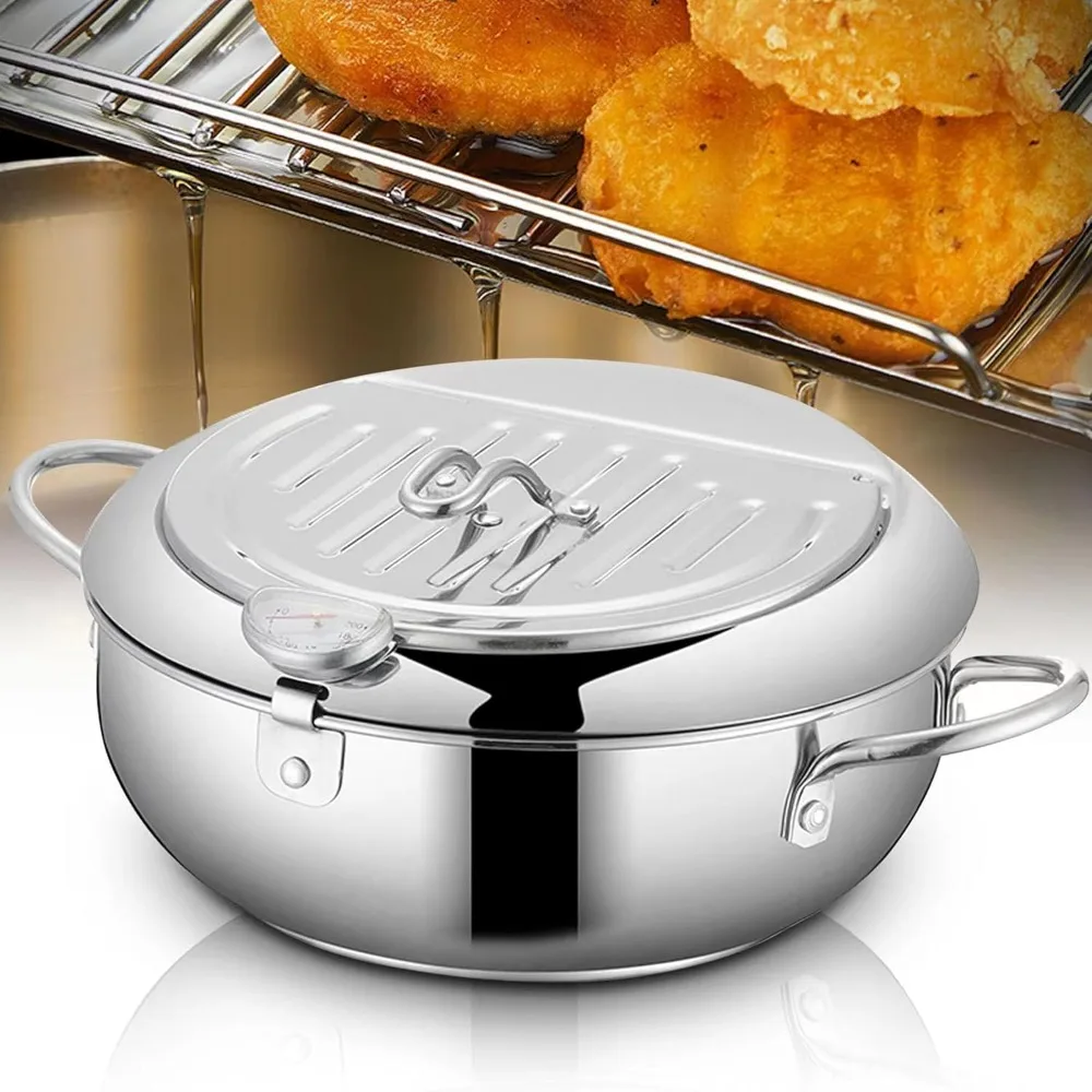 

Japanese Tempura Deep Fryer Pot Stainless Steel with Thermometer, Lid & Drip Rack for Fries, Shrimp, Chicken (28cm/11inch)