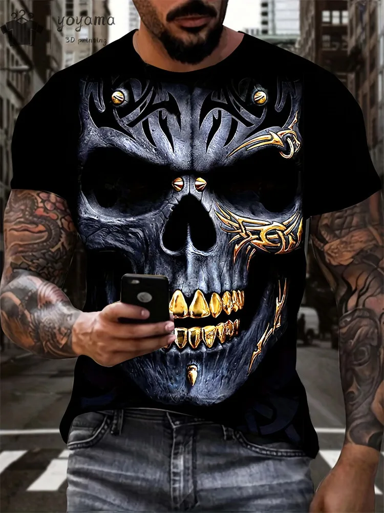 Retro Men\'s Horror Skull 3D Print T-Shirt Summer Crew Neck Short Sleeve Fashion Oversized Tees Men\' Street Punk Style Clothing