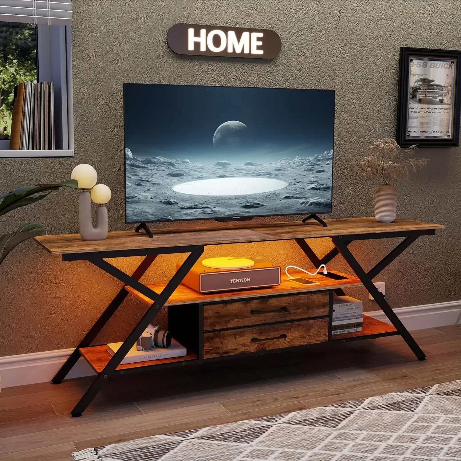 

TV Stand with Power Outlet and LED Lights, Fits TVs up to 65”, 2 Fabric Drawers Entertainment Center with Open Storage Shelves