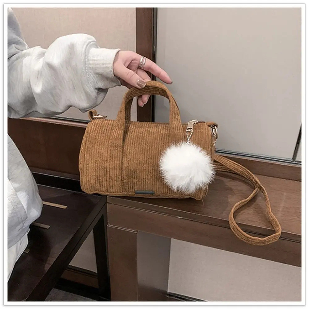 Simple Corduroy Pillow Bag Small with Pom Pendant Crossbody Bag Korean Style Messenger Bag